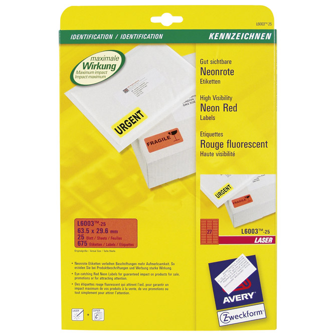 Etikete LK 63,5x29,6mm pk25L Zweckform L6003-25 neon crvene Etikete LK 63,5x29,6mm pk25L Zweckform L6003-25 neon crvene