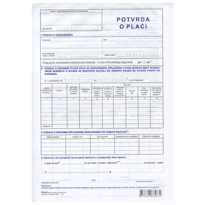 Obrazac ER-1/E potvrda o plaći pk10 Fokus Obrazac ER-1/E potvrda o plaći pk10 Fokus