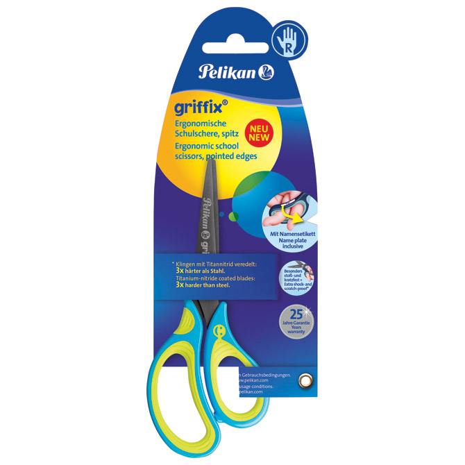 Škare školske 15 cm Griffix Pelikan neon plavo-žute Škare školske 15 cm Griffix Pelikan neon plavo-žute