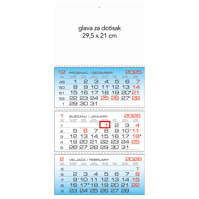Kalendar zidni trodijelni 2026.-3 bloka, preklopni Kalendar zidni trodijelni 2026.-3 bloka, preklopni